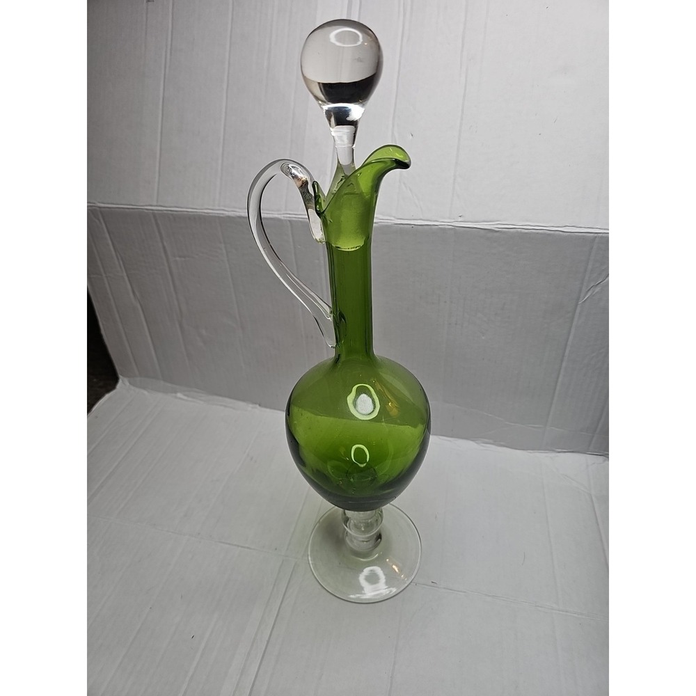 Green Art Glass Decanter Bottle with Stopper Hand Blown Style Vintage 17.5 inch - Picture 7 of 11